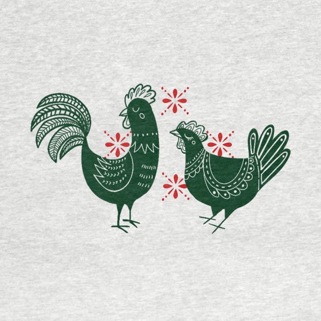 Chickens and Rooster - Green and Red by BeanstalkPrints